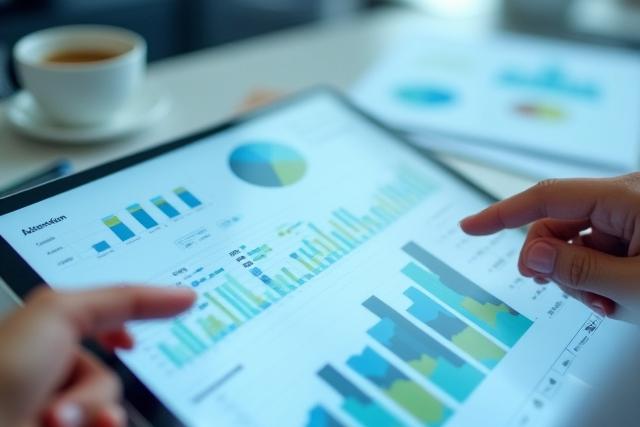 Charts and graphs representing student assessment data, with a hand pointing to trends